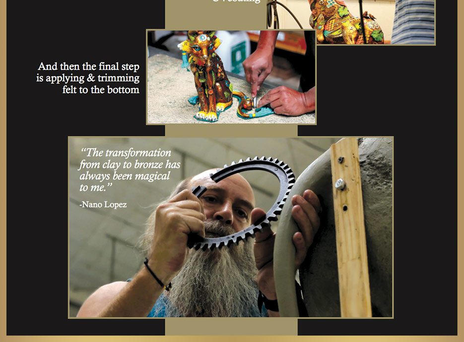 Artist working on bronze sculpture creation process.